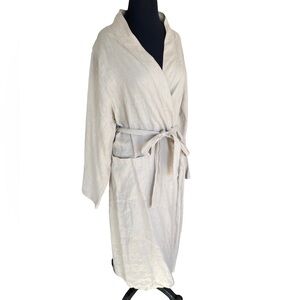 FLAX 100% linen neutral tan lightweight tie front robe with pockets size US 4-6